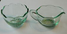 Cute Small Green Glass Creamer and Sugar with Scalloped Edge picture