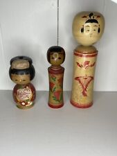 Lot Of 3 Various Vintage Japanese Wooden Kokeshi Dolls picture