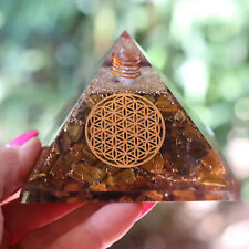 Natural Tiger Eye Orgone Pyramid Flower of Life EMF& 5G Protection LARGE 75mm picture