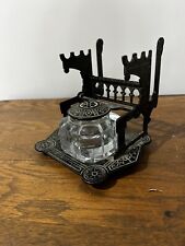 Antique Inkwell Set with Cast Iron Letter & Pen Holder Stand.5”x 5”x 4 1/2”. picture