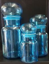 3 Set Mid Century Vintage Blue Glass Apothecary Storage Jars Made In Belgium picture