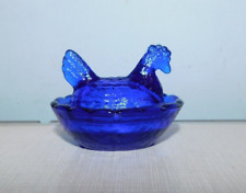 Cobalt Blue Glass Hen On Nest Mini Animal COVERED SALT CELLAR Basket Weave 2.5