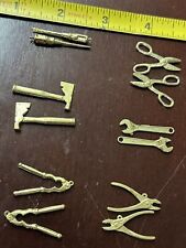 12 Miniature Brass 1960's Charms TOOLS Hammer Scissors Wrench Intercast Lot. picture