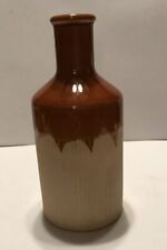 Vtg Glazed Ceramic Stoneware Bottle W/glazed  Brown Top & Flat Design On Bottom picture