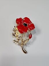 Poppy Brooch Pin Gold Color Leaf & Stem Veterans Memorial Remembrance Day #1 picture