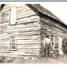 c1940s Old Man by Pioneer Log House Real Photo Farm Homestead Humboldt, Iowa C47 picture