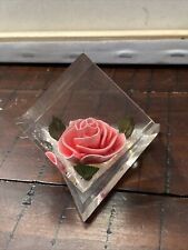 Vintage MCM Bircraft Lucite Acrylic Reverse Carved Pink Rose Paperweight picture
