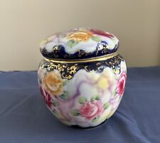 Early 1900's 6 Inch Ginger Jar - Pink,Red,Yellow Roses-Edges Colbalt Blue picture
