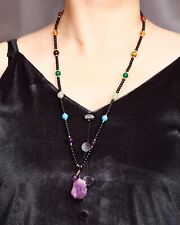 7 Chakra Long Beaded Necklace Raw Amethyst Pendant Meditation Healing Crystals picture
