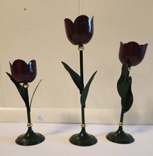 3 Metal Dark Purple Burgundy SPRING Tulip Flower Shaped Vintage Candle Holders picture