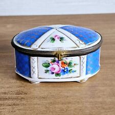 Vintage Porcelain Hand Painted Royal Blue Floral Lidded Trinket Box picture