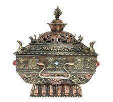 Rare Nepal Tibetan Buddhist Incense Burner Stand w Lid Copper Home Décor Holder picture