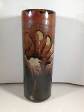 Hand Crafted Pottery Vase Brown Glaze Cranes 10” picture