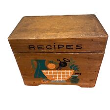 MCM Retro Nevco Wooden Recipe Box Hinged Top Kitchen Utensils Artwork Vtg Cards picture