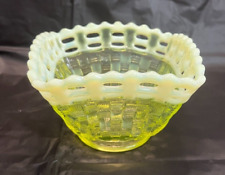 Yellow Vaseline Uranium Glass Fluted Basket Weave Reticulated Vintage Mom Wife picture