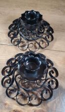 Lot Of 2 Black Steel Scrolled Ornate Candlestick Holders Spanish Gothic Chippy picture