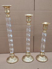 Vintage Scalloped Brass and Twisted Lucite Taper Candlestick Holders Set of 3 picture
