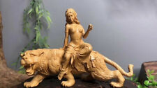 Boxwood Carved Beauty Girl On Tiger Beast Statue Netsuke Figurines Decor picture
