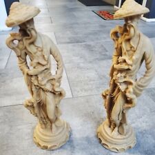 Vintage Oriental Chinese Men Holding Birds Hand Carved Resin Sculpture Figurine  picture