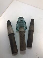 Vtg W. Brookfield Teal Green Glass Insulator New York W/ 3 Wooden Pins picture