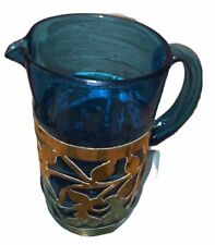 Mid Century  Caged Blue Art Glass Pitcher Brutalist picture