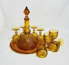 Vintage Tiara Indiana Glass Amber Wine Decanter Set 8 Wine Glasses and Tray MCM picture