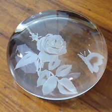 VTG Crystal Glass Paperweight Etched Flower & Butterfly Paperweight Office Decor picture
