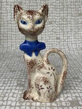 Vtg Porcelain Cat Figurine Blue Bow Blue Eyes Flowers Hand Painted Signed 6.5 In picture