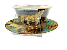 Grace Teaware Tea Cup & Saucer BLACK Leopard Butterfly Motif Painted Gold Handle picture