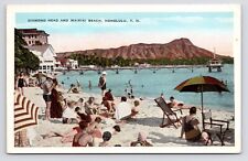 c1930s~Honolulu Hawaii~Waikiki Beach~Diamond Head~Bathers~Vintage VTG Postcard picture