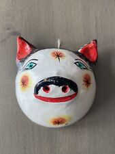 Vintage Mexican 5” Hand Painted Coconut Mask - Pig - White, Yellow, Red, Black picture