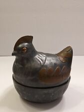 Vintage Pewter & Brass Trinket Dish Bowl Chicken Hen On Nest With Lid 4