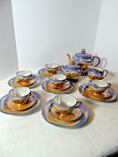 Vintage Japan Chikaramachi Lusterware Peach & Blue Tea Set Service for 6  picture