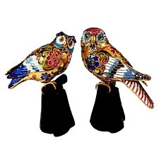 2 Vintage Cloisonne Enamel Gold Leaf Filigree Barn Great Horned Owls On Perch picture