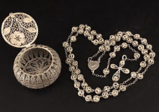 ANTIQUE 75 YR OLD EURO SILVER FILIGREE ROSARY & HINGED FILIGEE BOX - 26gm - 15