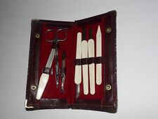 BAKELITE FRENCH IVORY VINTAGE MANICURE SET COMPLETE IN LEATHER SNAP POUCH picture