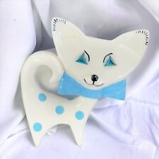 Vintage 1960s Flat Face Blue Eyes Cat Ceramic Anthropomorphic Blue Spots W Bow picture