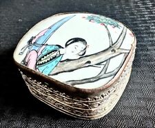 Vintage Chinese Porcelain Painted Shard Trinket Box in Silver /Metal picture