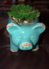 Pig Planter Ceramic 5” X 2.5” Blue With Faux Flower picture