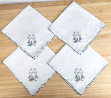 4 Vintage White Linen Napkins: Hand Embroidered Grey Floral Motif w/ Stitch Edge picture