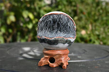1pc Natural Gray Needle Ironstone Carved Sphere Open Mouth Crystal Ball Reiki picture