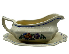 Vintage Steubenville Ivory Floral Gravy Boat with Matching Serving Plate picture