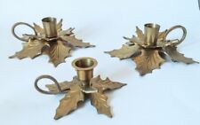 Set Of 3 (2Lg 1 Med) Brass Holly Leaf Taper Candlestick Holders W/ Handle India picture