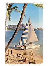 Vintage real photo post card  of Waikiki and Diamond Head beach people water UNP picture