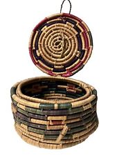 Vintage Old Coiled Hand Woven Round Basket With Lid Multicolor Tribal Primitive picture
