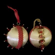 Pair Of Fabulous Vintage Handmade Ivory Satin Beaded Christmas Ball Ornaments picture