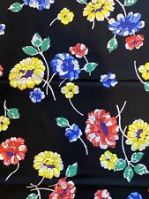 Vintage Bright Floral Fabric Black Background 43x81” Blue Yellow Red picture
