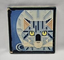 Rare Vtg 1992 Motawi Tileworks Catnip Cat with Moon Tile Art Crafts Blue 6x6 USA picture
