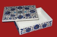 White Rectangle Marble Jewelry Box Lapis Lazuli Stone Inlay Work Necklace Box picture