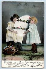 Russia Postcard Easter Little Girls With Big Giant Egg Flowers In Basket c1905 picture